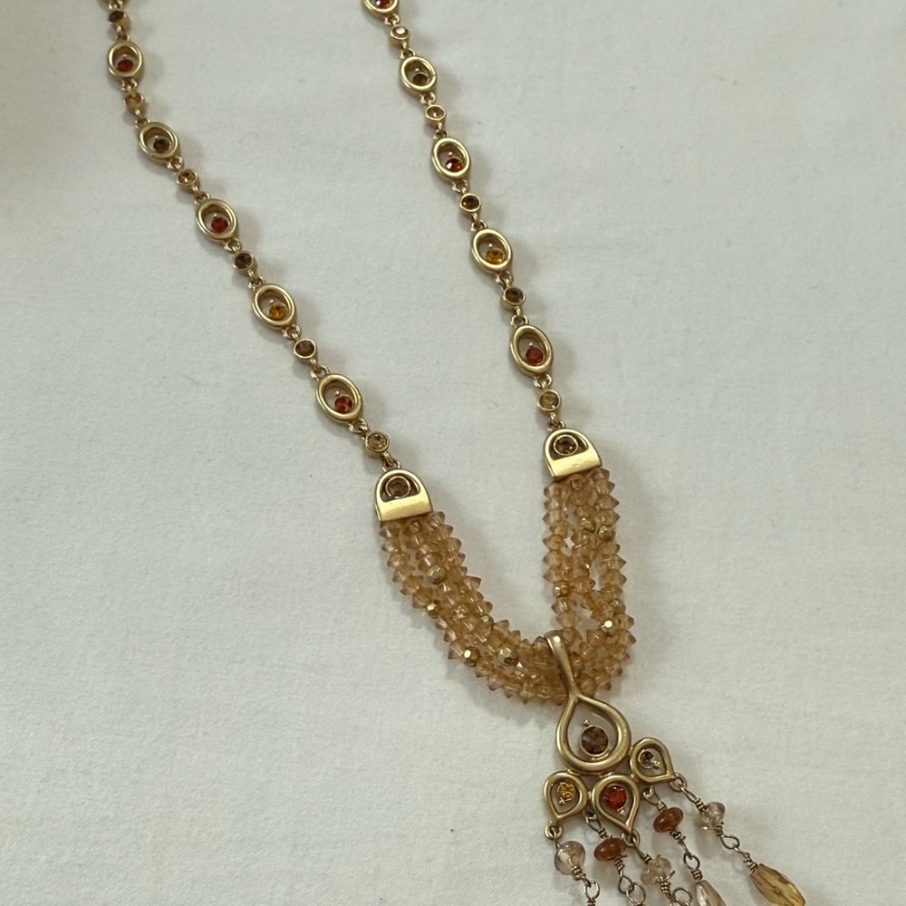 Vintage Boho Gold-Tone Beaded Necklace with Gemstone Drop Pendant